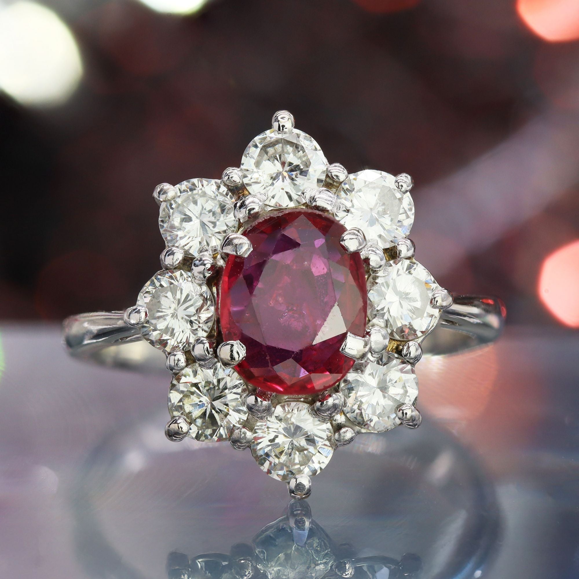 Bague marguerite diamants rubis or blanc