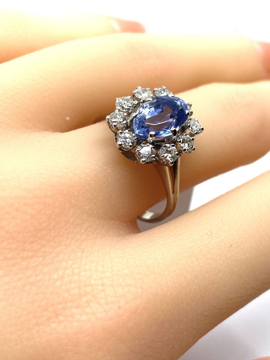 Bague marguerite en or blanc 18 carats, saphir et 10 diamants - Castafiore