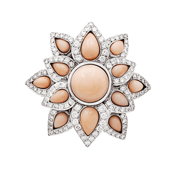 Ring flower, white gold, diamonds and angel-skin coral.
