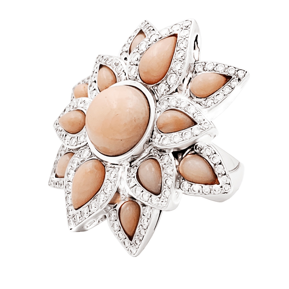 Ring flower, white gold, diamonds and angel-skin coral.