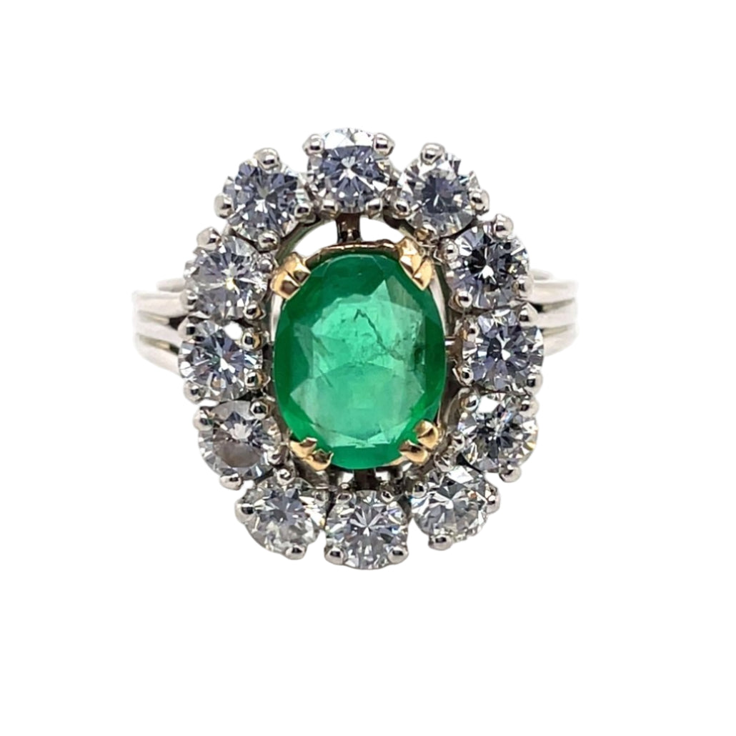 Bague Marguerite en or blanc et platine avec émeraude et diamants - Castafiore