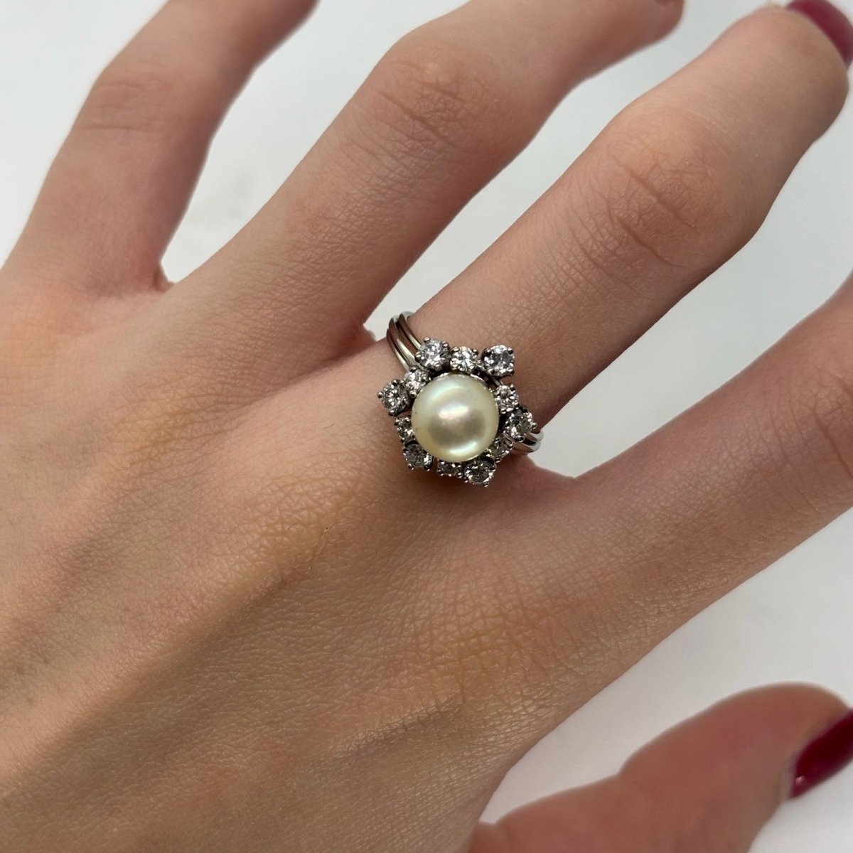 Bague Marguerite en or blanc, perle et diamants - Castafiore