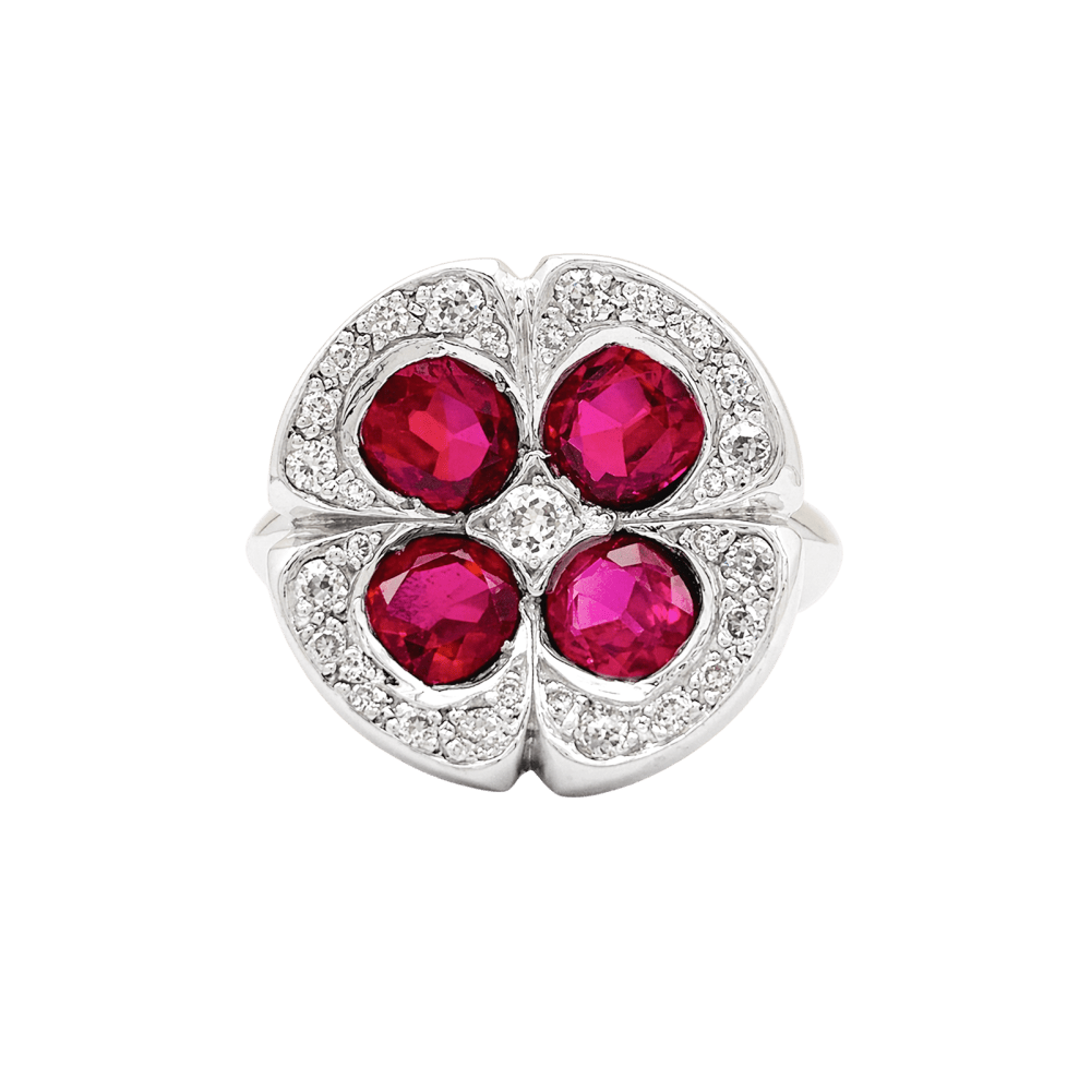 Ring "Flower, white gold, synthetic rubies and diamonds.