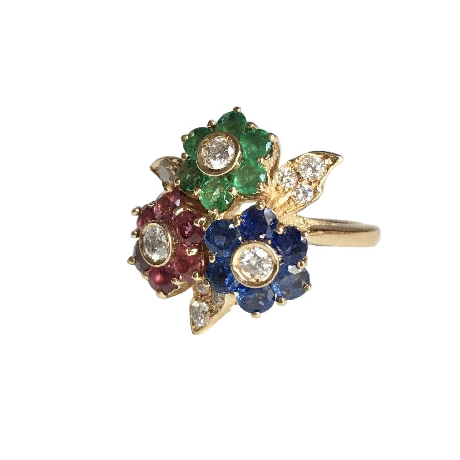 Bague Marguerite en or jaune, émeraudes, rubis, saphirs et diamants - Castafiore