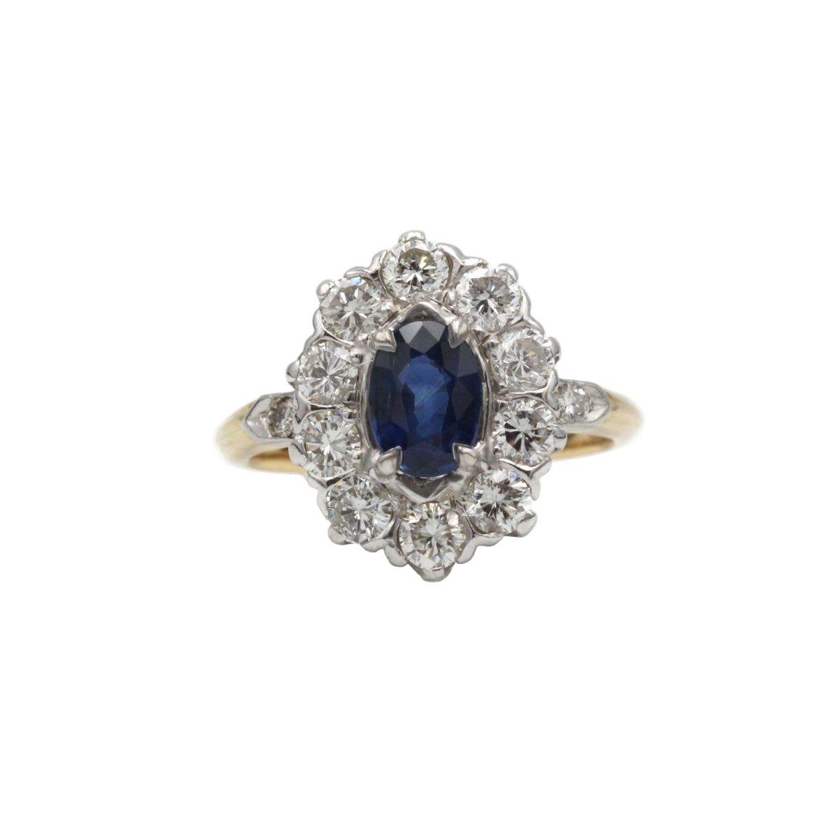 Bague marguerite en or jaune et platine avec diamants et saphir - Castafiore