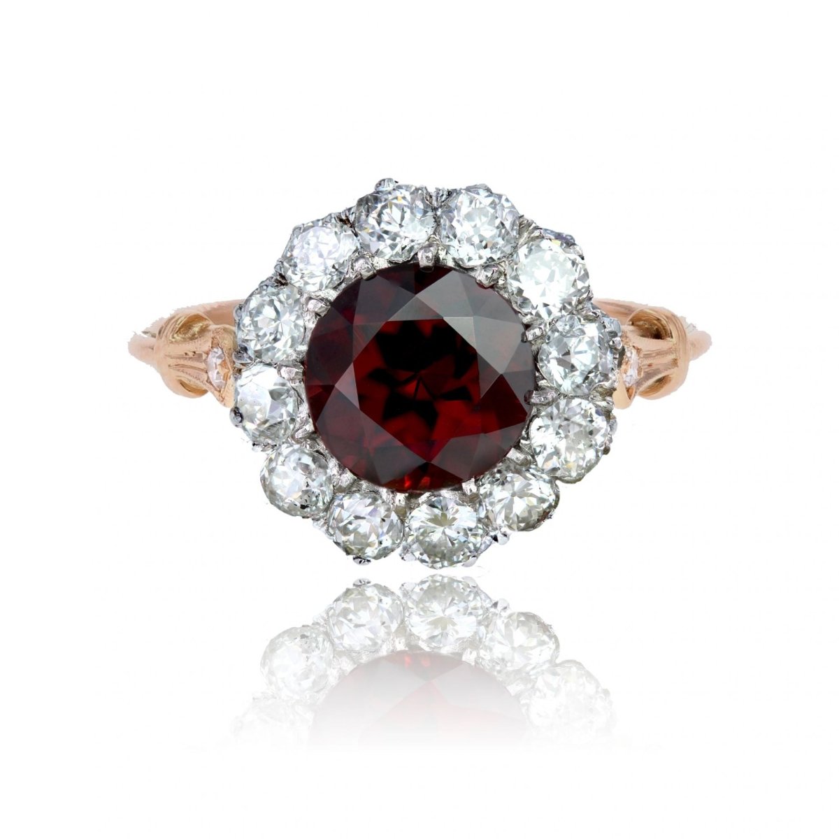 Bague marguerite en or jaune et platine avec grenat rhodolite et diamants - Castafiore
