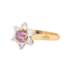 Ring flower diamonds heart-cut and pink sapphire