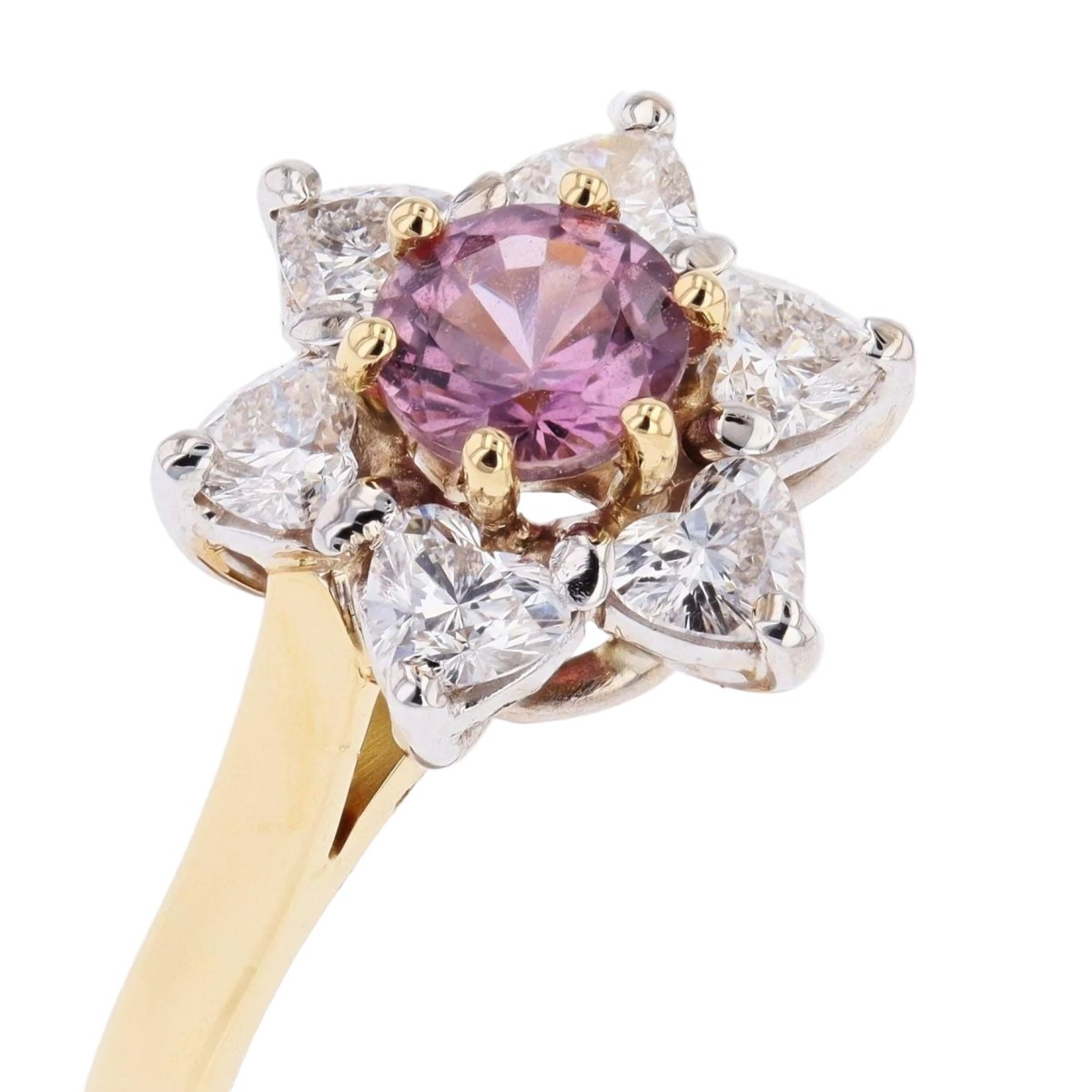 Ring flower diamonds heart-cut and pink sapphire