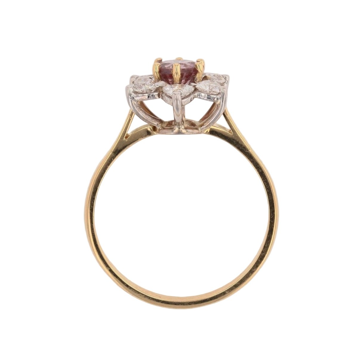 Ring flower diamonds heart-cut and pink sapphire