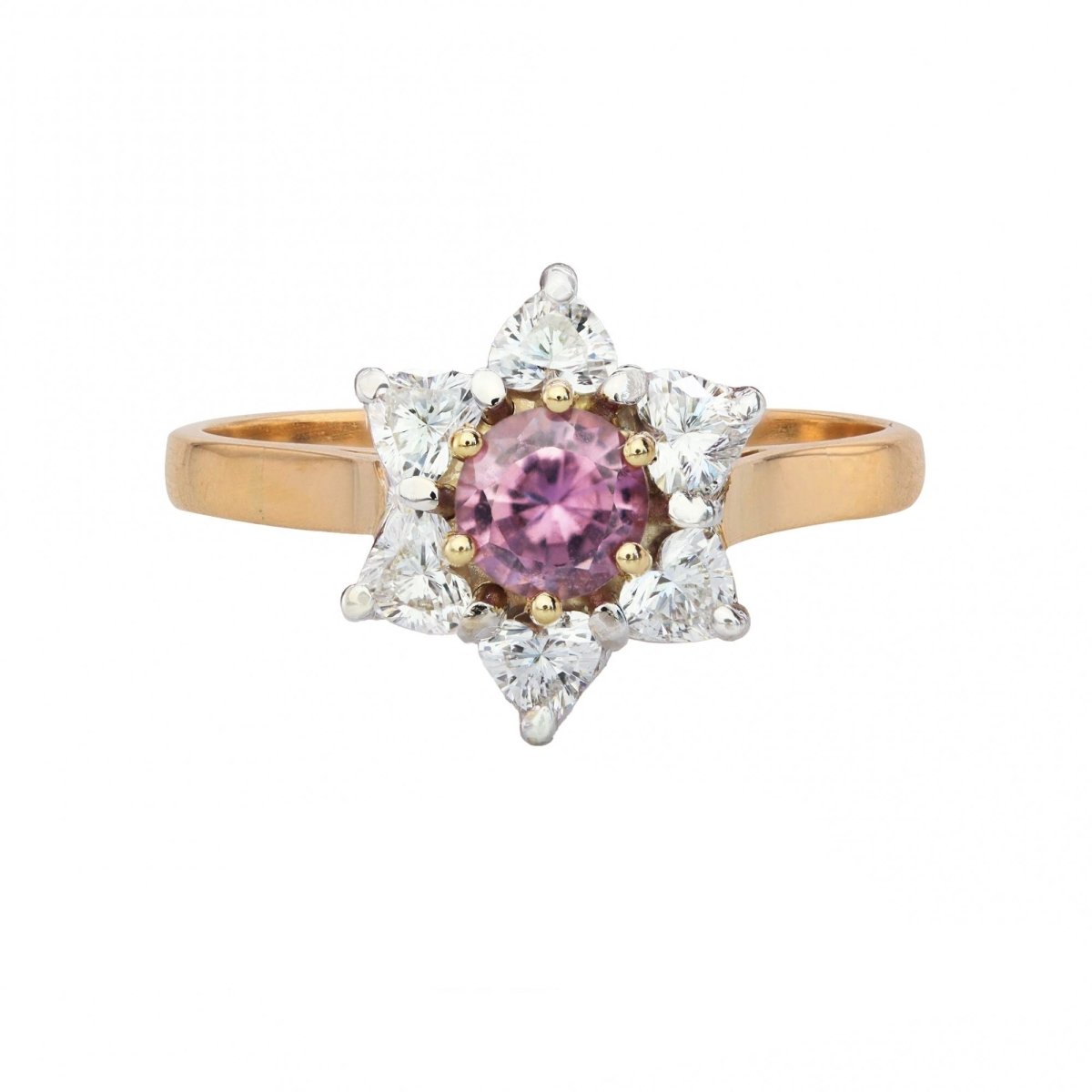 Ring flower diamonds heart-cut and pink sapphire