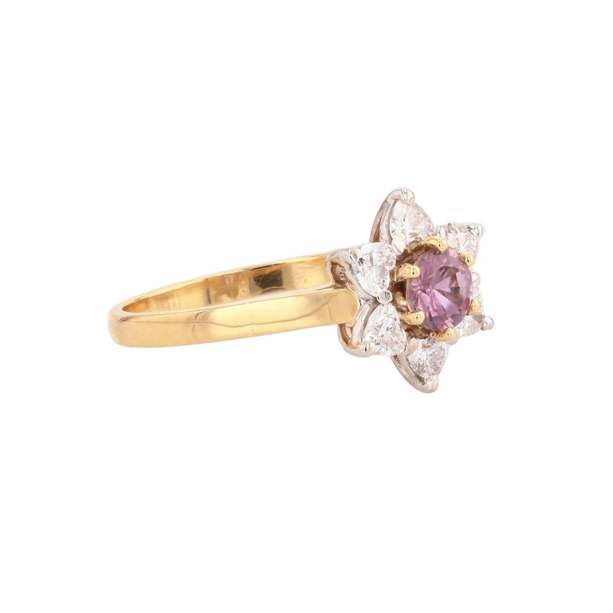 Ring flower diamonds heart-cut and pink sapphire