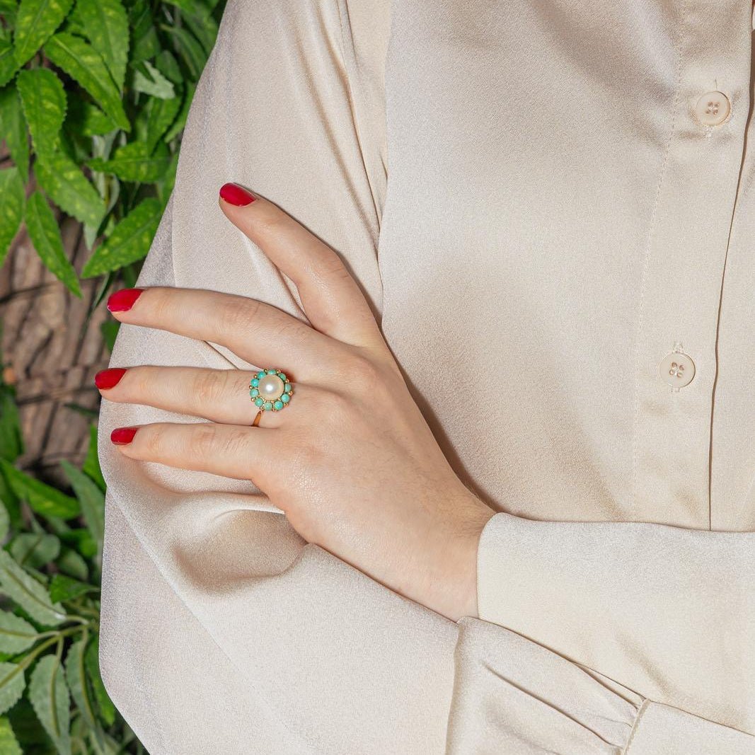 Bague Marguerite en or jaune, perle et turquoises - Castafiore