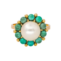 Bague Marguerite en or jaune, perle et turquoises - Castafiore