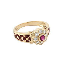 Bague Marguerite en or jaune, rubis, émail et diamants - Castafiore