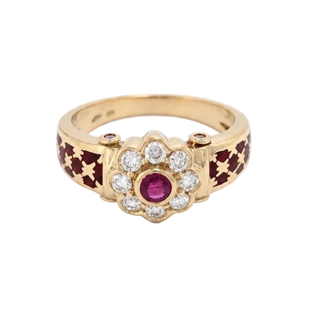 Bague Marguerite en or jaune, rubis, émail et diamants - Castafiore