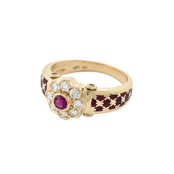 Bague Marguerite en or jaune, rubis, émail et diamants - Castafiore