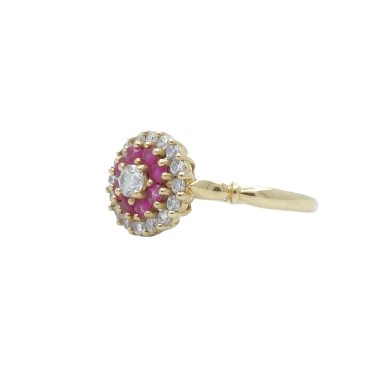 Bague Marguerite en or jaune, rubis, oxydes et diamants - Castafiore