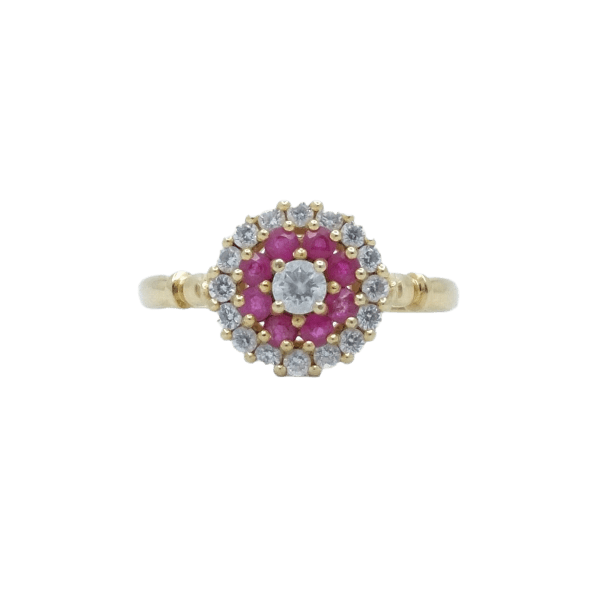 Bague Marguerite en or jaune, rubis, oxydes et diamants - Castafiore