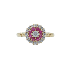 Bague Marguerite en or jaune, rubis, oxydes et diamants - Castafiore