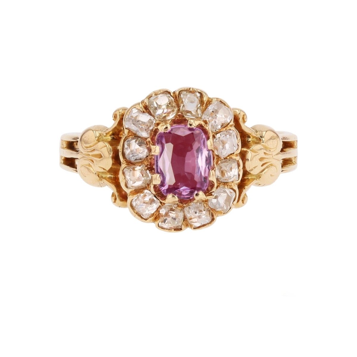 Ring antique pink sapphire daisy and diamonds