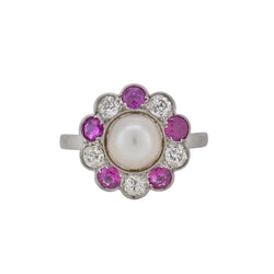 Bague Marguerite en platine, perle, rubis et diamants - Castafiore