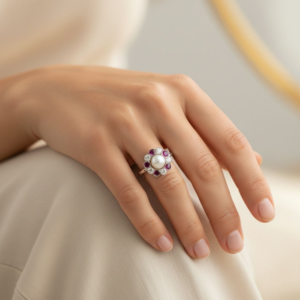 Bague Marguerite en platine, perle, rubis et diamants - Castafiore
