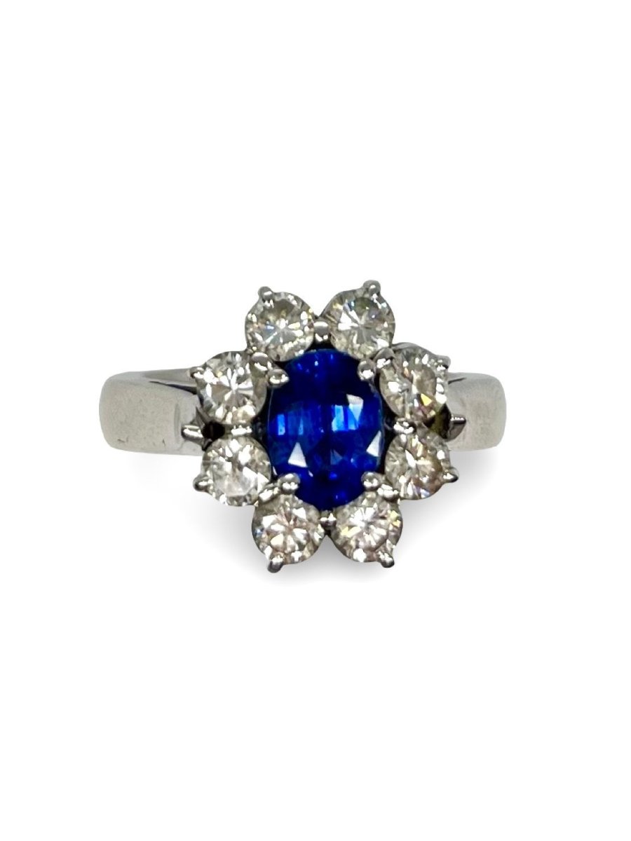Bague marguerite or blanc saphir 1,62 ct et diamants 1,30 ct - Castafiore