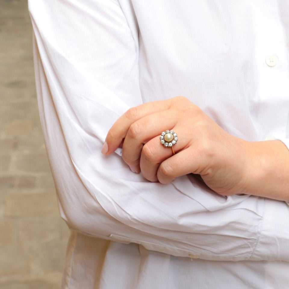 Bague marguerite or jaune argent diamants perle fine - Castafiore