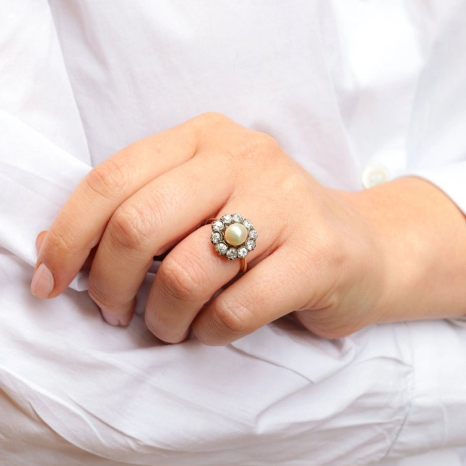 Bague marguerite or jaune argent diamants perle fine - Castafiore