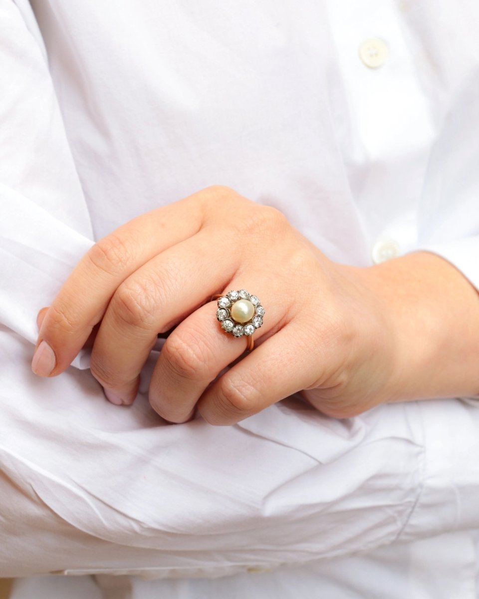 Bague marguerite or jaune argent diamants perle fine - Castafiore