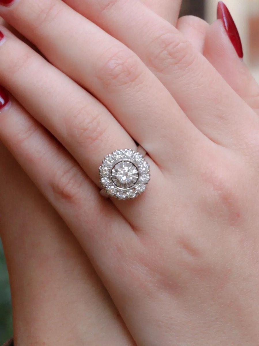 Bague marguerite or platine diamants 1,2 ct - Castafiore