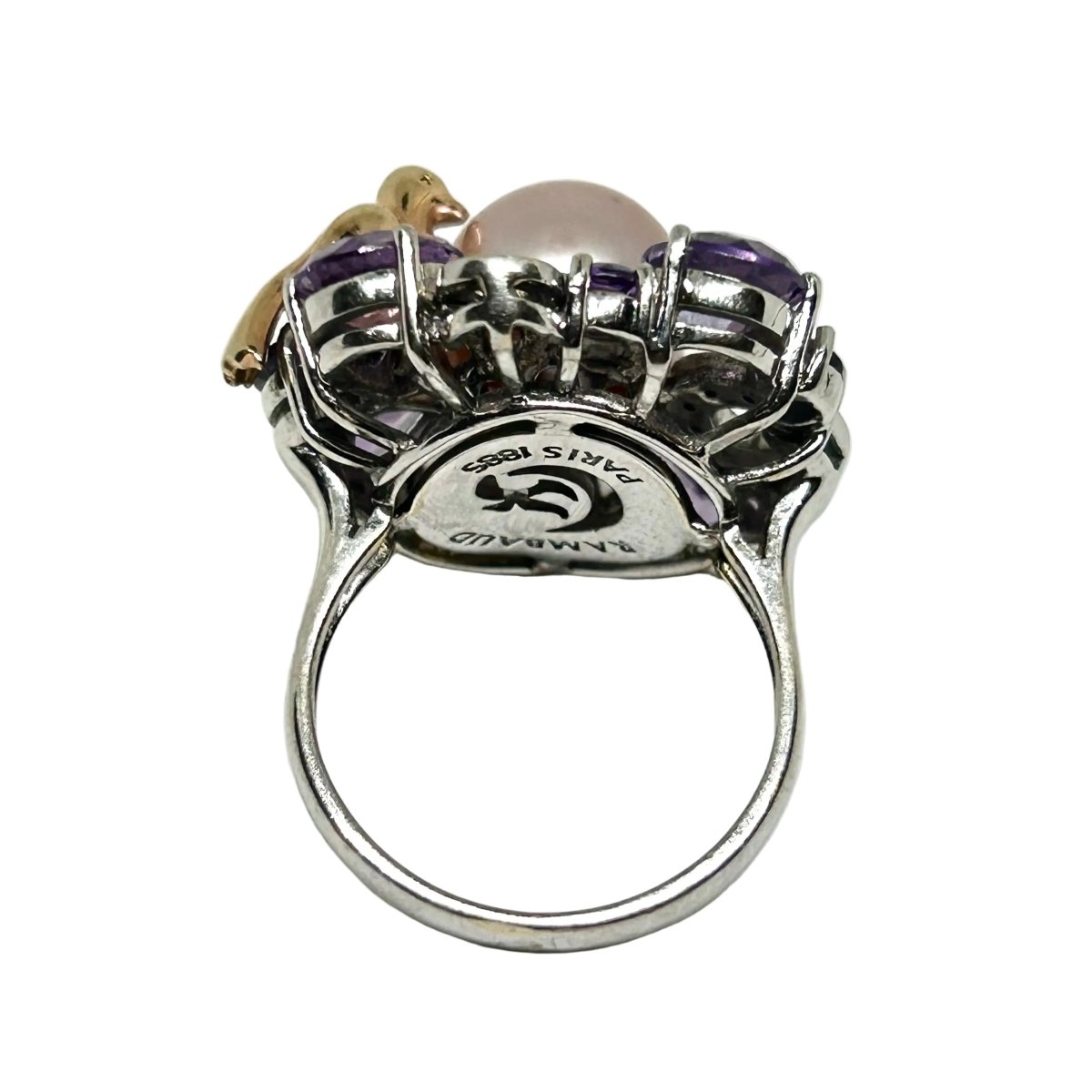 Bague Marguerite RAMBAUD "Pie" en or blanc, perle, améthystes et diamants - Castafiore