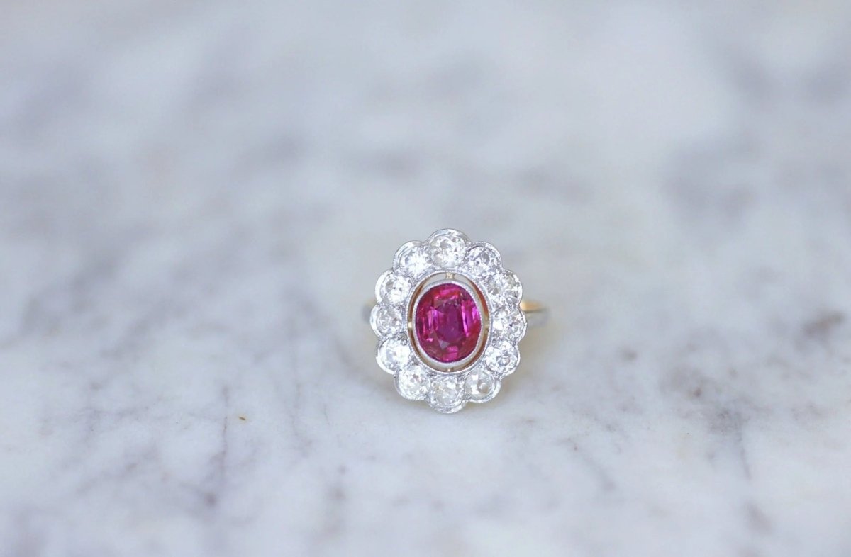 Bague marguerite, rubis Birman non chauffé 1.60 Cts, diamants - Castafiore