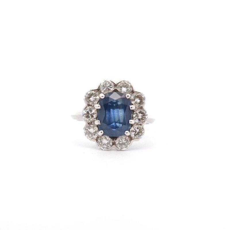 Bague Marguerite Saphir 3,30cts et Diamants en Or Blanc 18k - Castafiore
