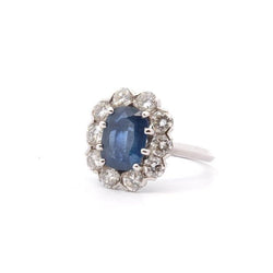 Bague Marguerite Saphir 3,30cts et Diamants en Or Blanc 18k - Castafiore