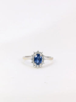 Bague marguerite vintage en or, saphir ovale et diamants - Castafiore