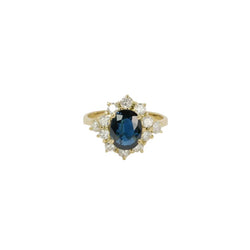 Bague marguerite vintage en or, saphir ovale et diamants - Castafiore