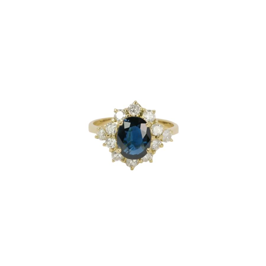Bague marguerite vintage en or, saphir ovale et diamants - Castafiore