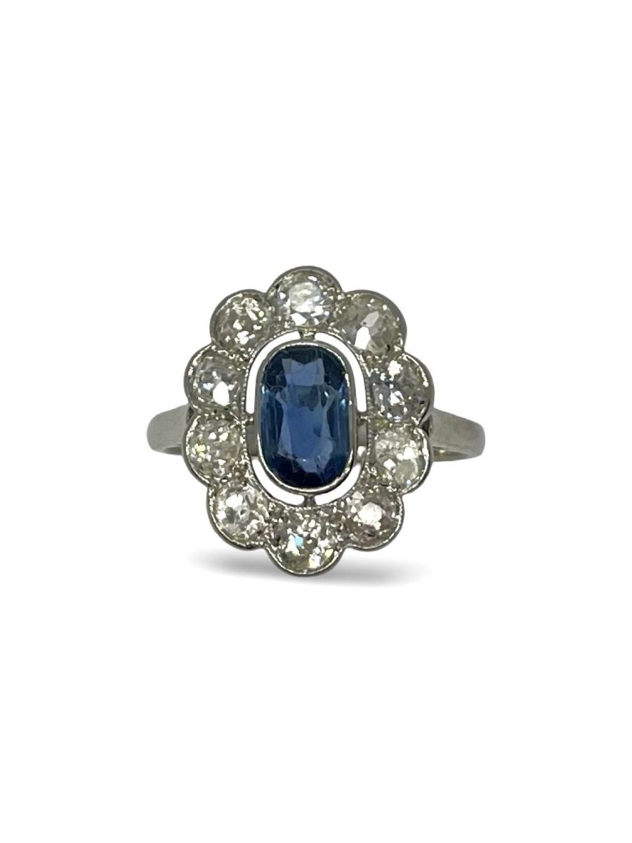 Bague marguerite vintage or blanc saphir 1 ct et diamants 1,5 ct - Castafiore