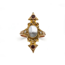 Bague Marquise Ancienne - Or, Nacre, Demi - perles & Grenats - Castafiore