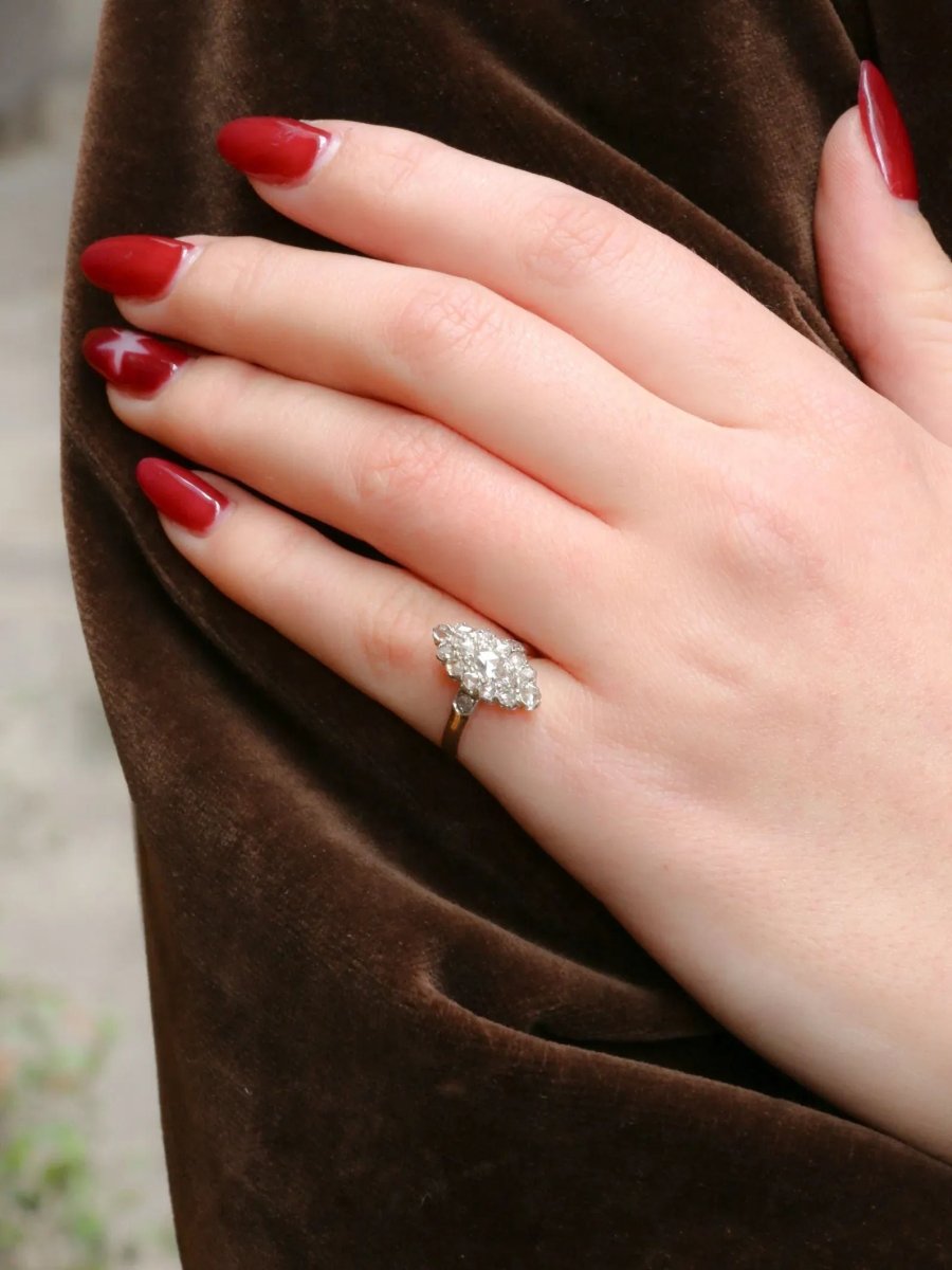 Bague marquise ancienne or platine diamants taille rose - Castafiore