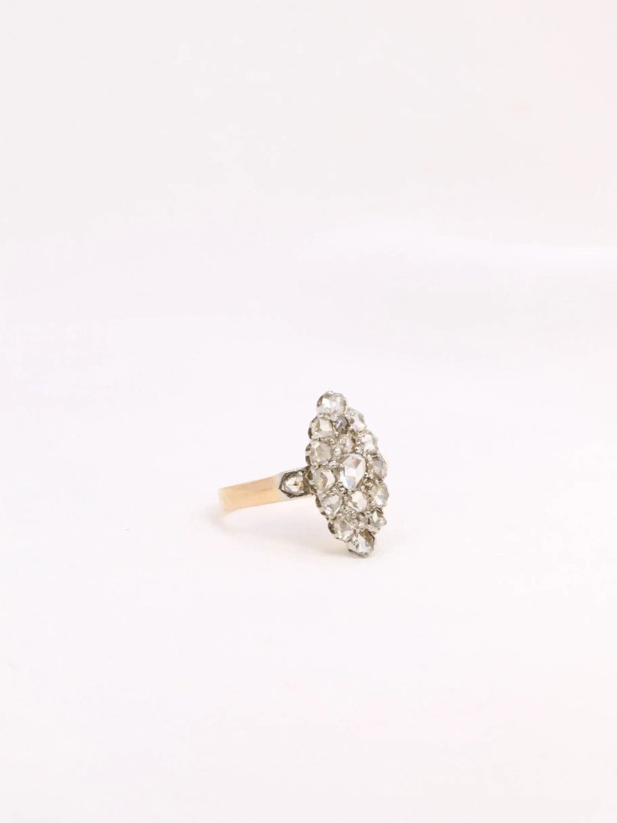 Bague marquise ancienne or platine diamants taille rose - Castafiore