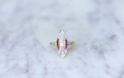 Bague Marquise Art Deco perle, diamants & rubis - Castafiore