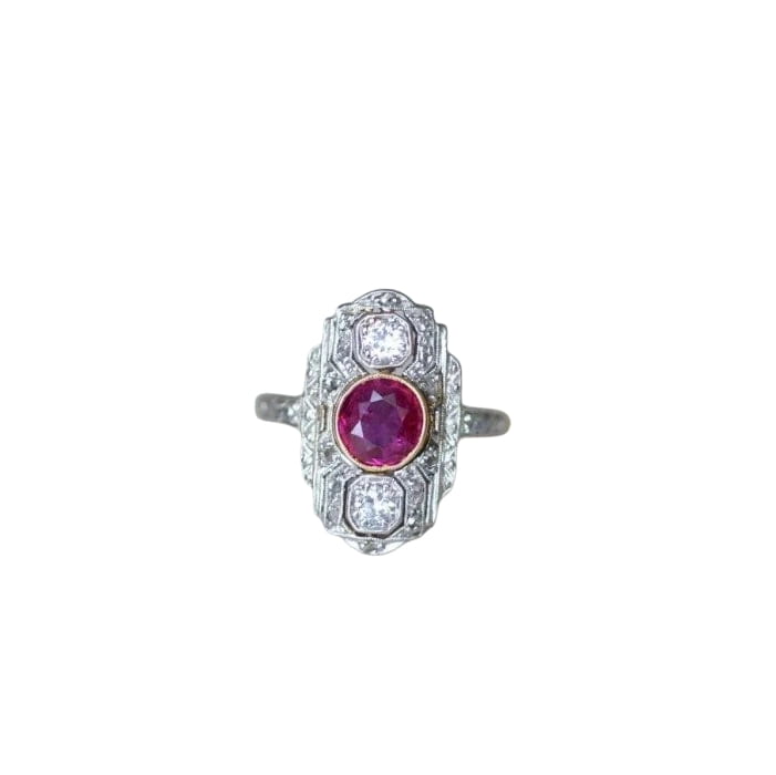 Bague Marquise Art Déco Rubis Birman et Diamants - Castafiore
