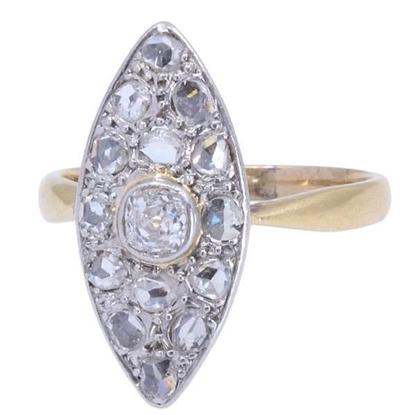 Bague Marquise art nouveau en or jaune et blanc et diamants - Castafiore