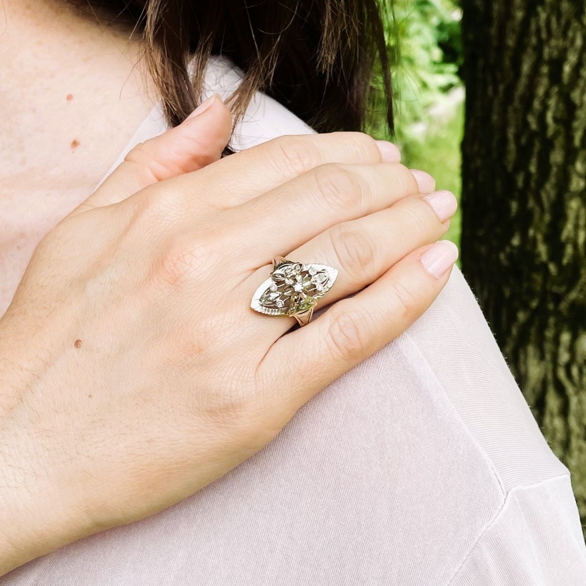 Bague marquise diamants en or deux tons - Castafiore