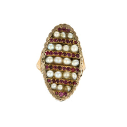 Bague Marquise en argent, or jaune, rubis, et perles - Castafiore