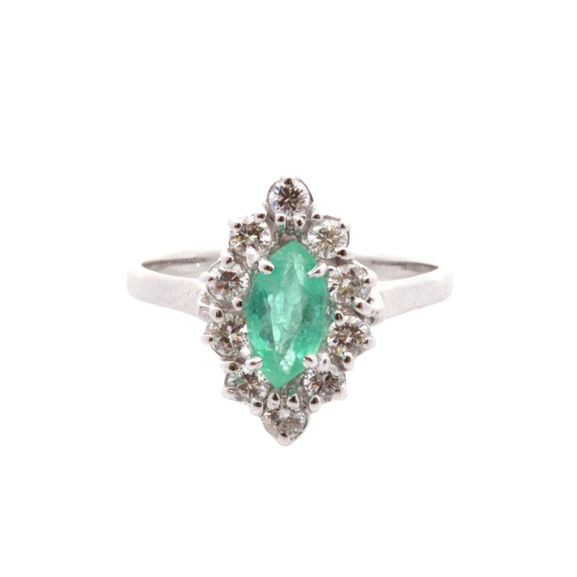 Bague Marquise en or blanc, émeraude et diamants - Castafiore