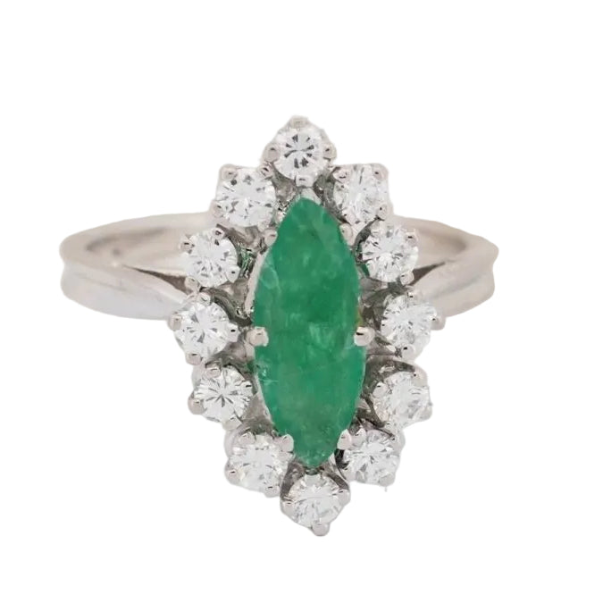 Bague marquise en or blanc, émeraude et diamants - Castafiore
