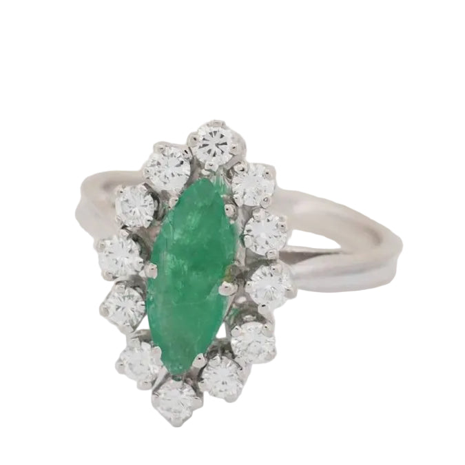 Bague marquise en or blanc, émeraude et diamants - Castafiore